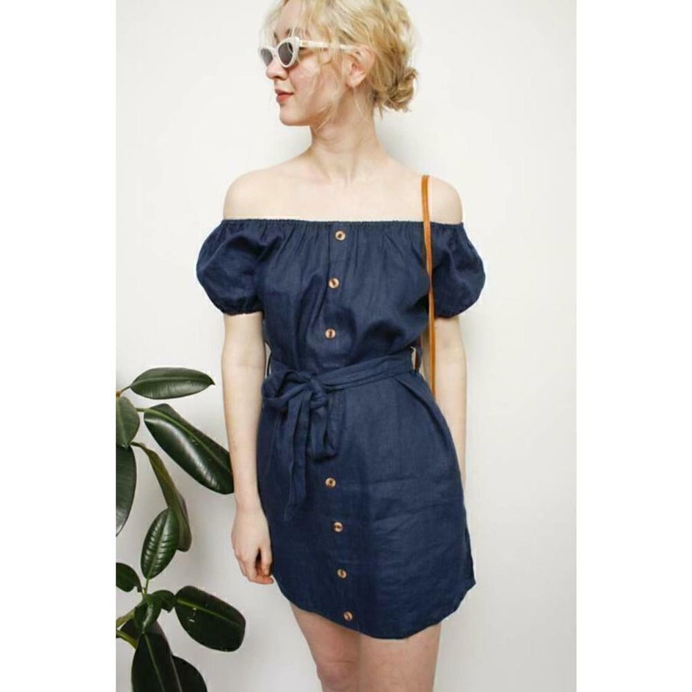 Faithfull The Brand Savoy Off shoulder Mini Navy Blue Shirt Dress sz US 2 XS